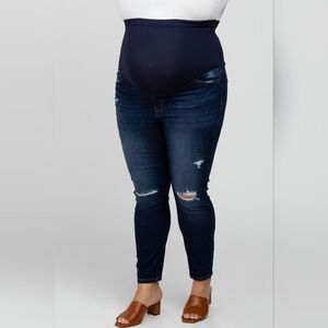 Pinkblush Womens Navy Blue Distressed Maternity Plus Size Jeans 1X